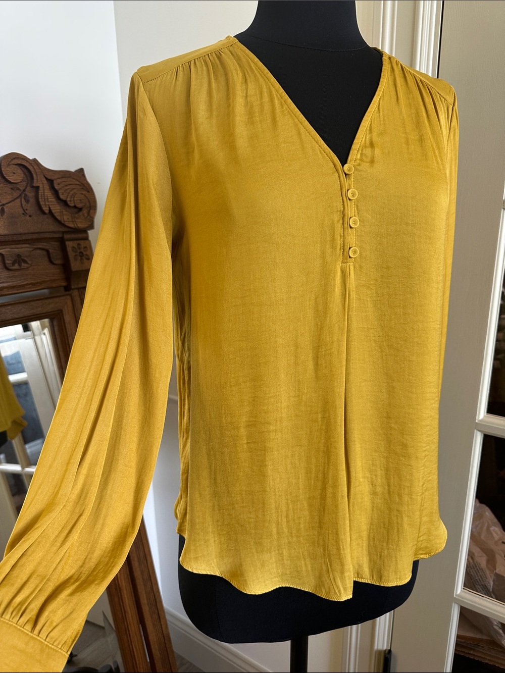 Women's Mustard Yellow V-Neck Button Front Blouse